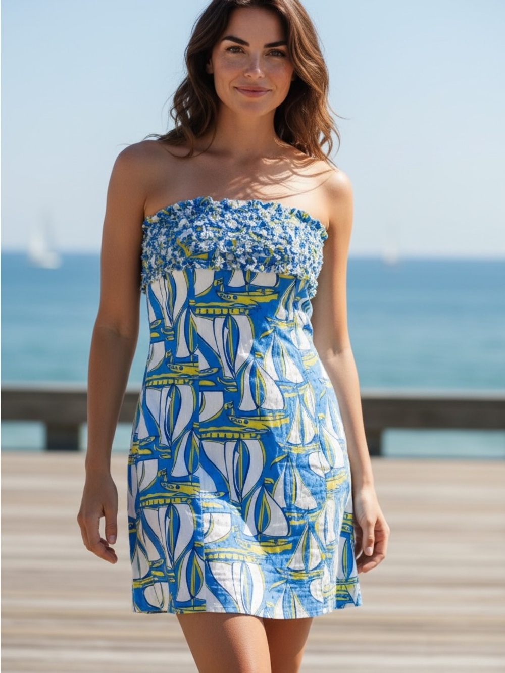 Lilly Pulitzer Blue White Yellow Strapless Mini Dress Size 6